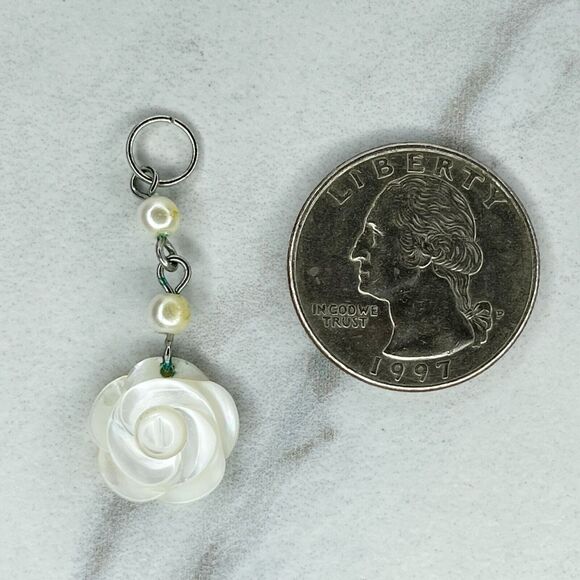 Silver Tone Faux Pearl Beaded Carved Mother of Pearl Shell Rose Upcycled Pendant - Picture 1 of 4